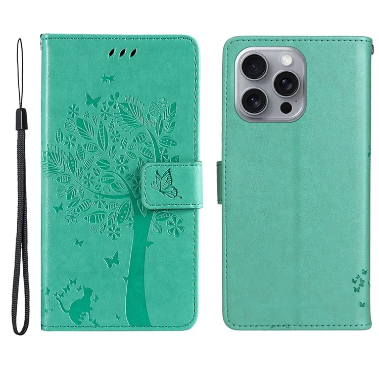 For iPhone 16 Pro Max Phone Case with Stand Cat Tree Pattern Leather Wallet Mobile Cover - Green