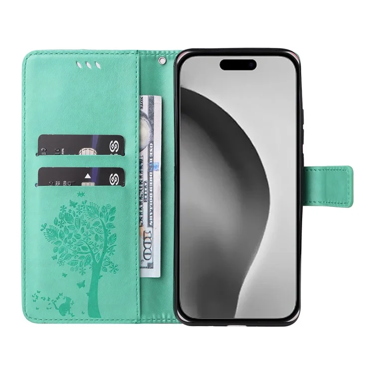 For iPhone 16 Pro Max Phone Case with Stand Cat Tree Pattern Leather Wallet Mobile Cover - Green