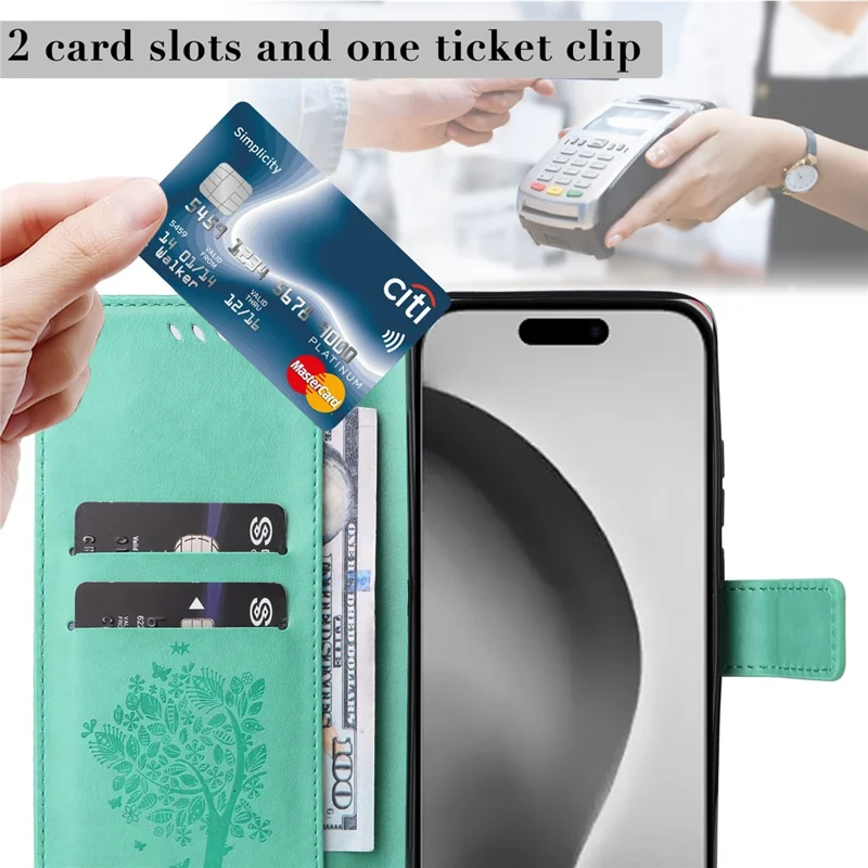 For iPhone 16 Pro Max Phone Case with Stand Cat Tree Pattern Leather Wallet Mobile Cover - Green