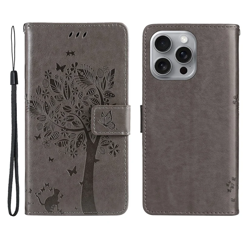 For iPhone 16 Pro Max Phone Case with Stand Cat Tree Pattern Leather Wallet Mobile Cover - Grey
