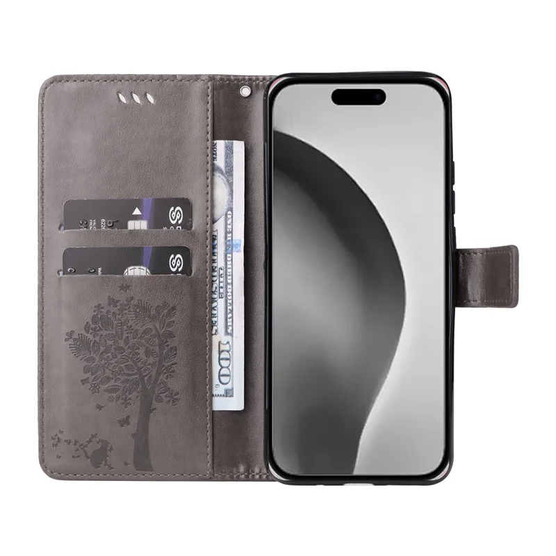 For iPhone 16 Pro Max Phone Case with Stand Cat Tree Pattern Leather Wallet Mobile Cover - Grey