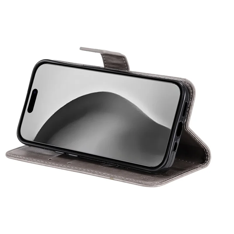 For iPhone 16 Pro Max Phone Case with Stand Cat Tree Pattern Leather Wallet Mobile Cover - Grey