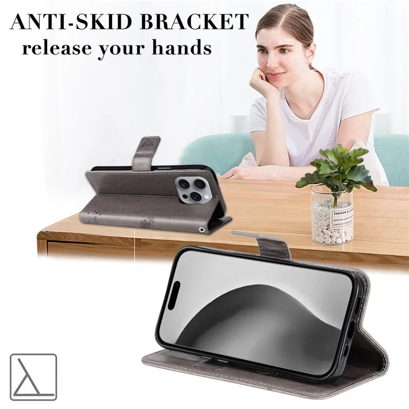 For iPhone 16 Pro Max Phone Case with Stand Cat Tree Pattern Leather Wallet Mobile Cover - Grey