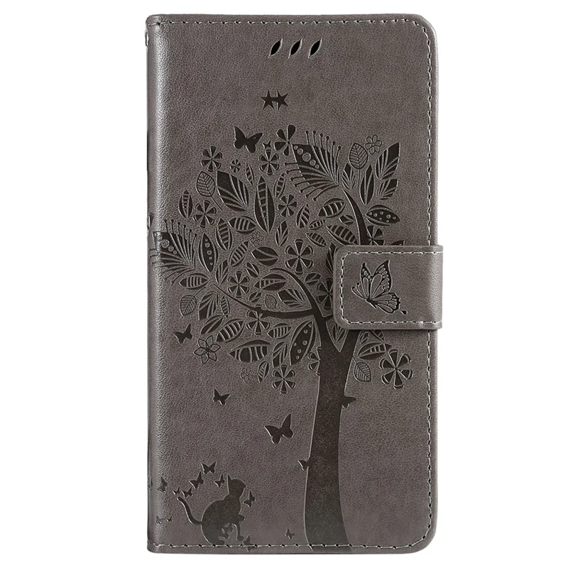 For iPhone 16 Pro Max Phone Case with Stand Cat Tree Pattern Leather Wallet Mobile Cover - Grey