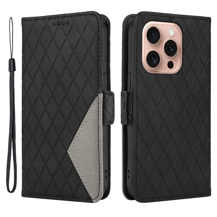 Para iPhone 16 Pro Case Rhombus Grid PU Leather Wallet Mobile Phone Cover - Preto