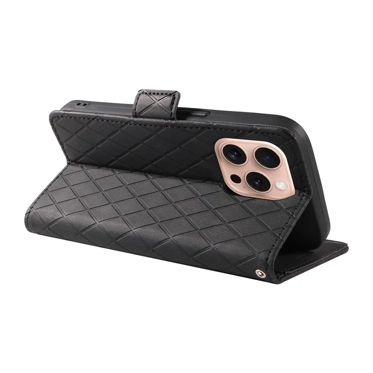 Para iPhone 16 Pro Case Rhombus Grid PU Leather Wallet Mobile Phone Cover - Preto