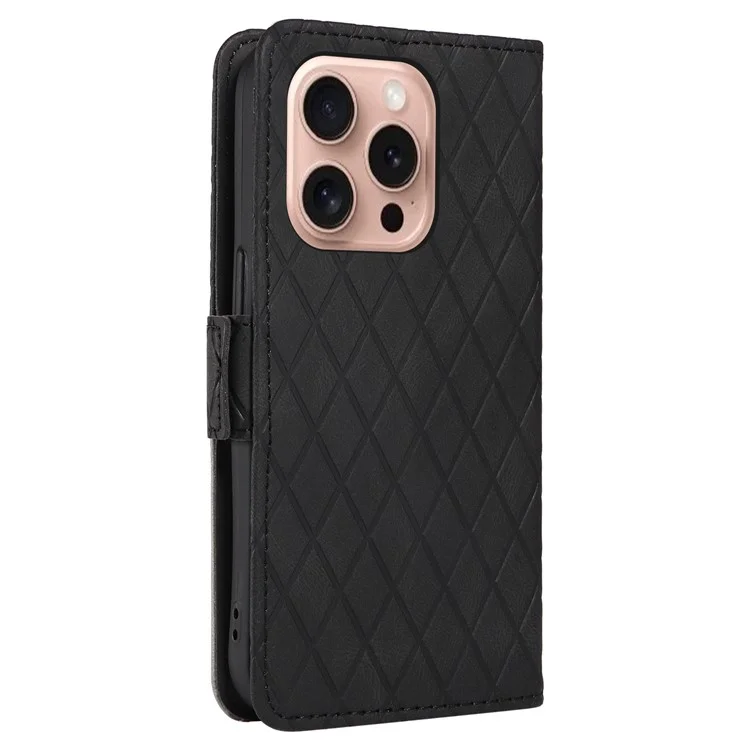 Para iPhone 16 Pro Case Rhombus Grid PU Leather Wallet Mobile Phone Cover - Preto