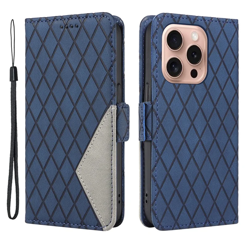 For iPhone 16 Pro Case Rhombus Grid PU Leather Wallet Mobile Phone Cover - Blue