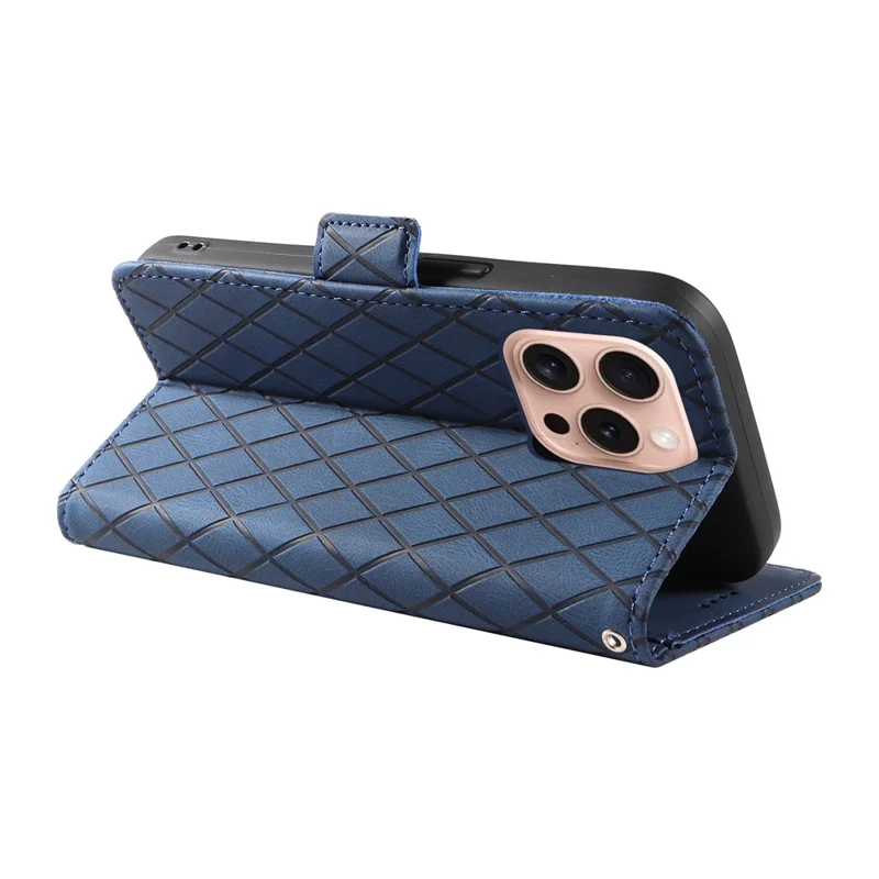 For iPhone 16 Pro Case Rhombus Grid PU Leather Wallet Mobile Phone Cover - Blue