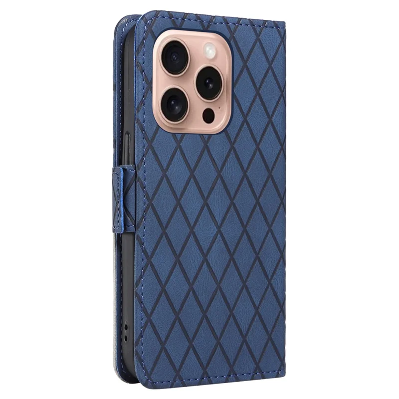 For iPhone 16 Pro Case Rhombus Grid PU Leather Wallet Mobile Phone Cover - Blue