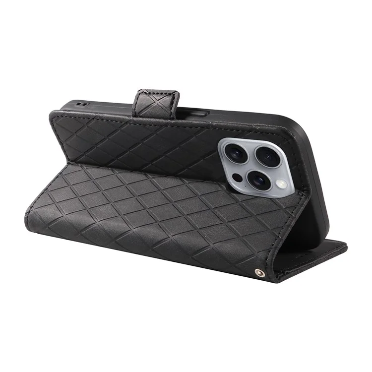 For iPhone 16 Pro Max Case PU Leather Wallet Phone Cover Rhombus Grid Imprinted -  Black
