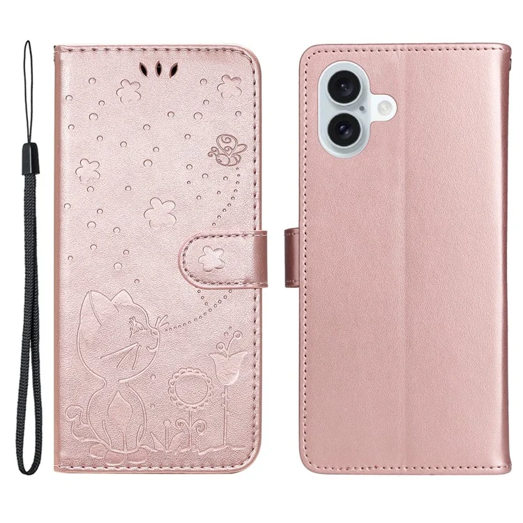 Funda para iPhone 16 Plus de la serie Flower de KT Imprinting - Patrón de gato y abeja, cubierta de cuero, color oro rosa
