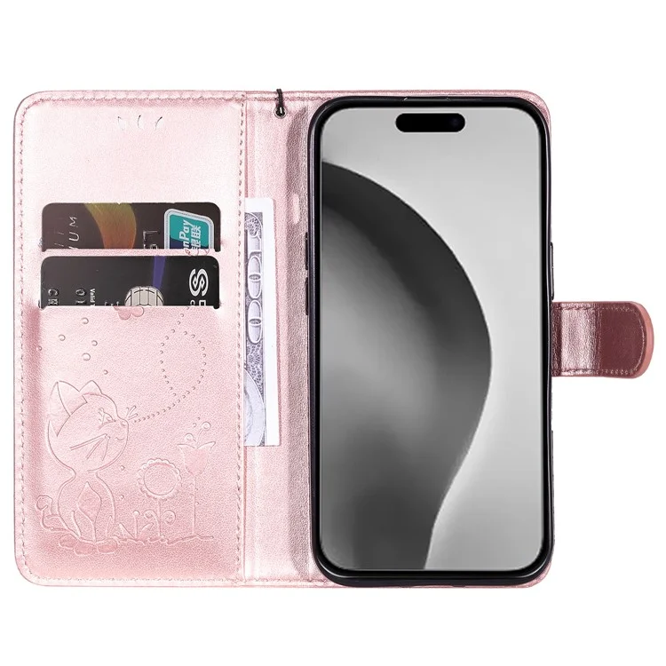 Funda para iPhone 16 Plus de la serie Flower de KT Imprinting - Patrón de gato y abeja, cubierta de cuero, color oro rosa