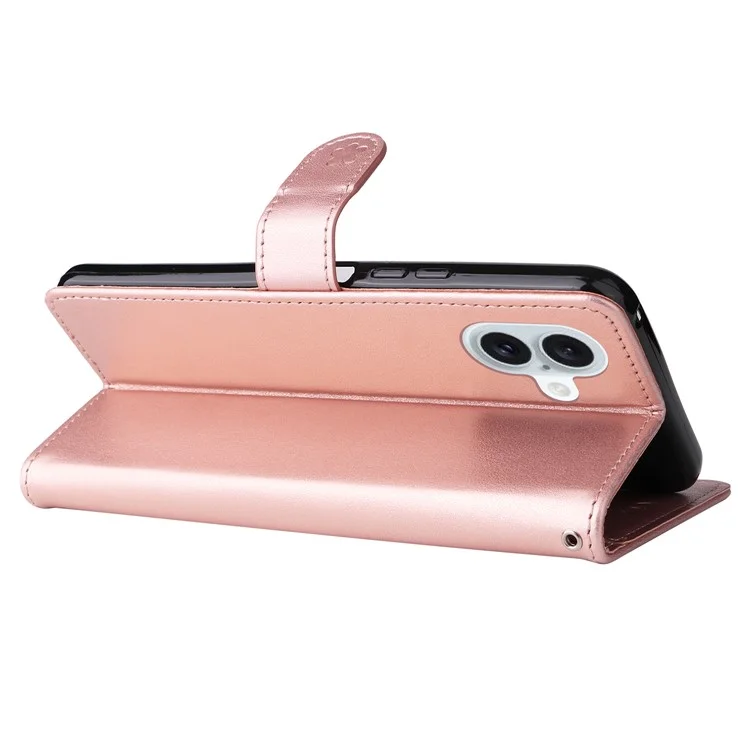 Funda para iPhone 16 Plus de la serie Flower de KT Imprinting - Patrón de gato y abeja, cubierta de cuero, color oro rosa