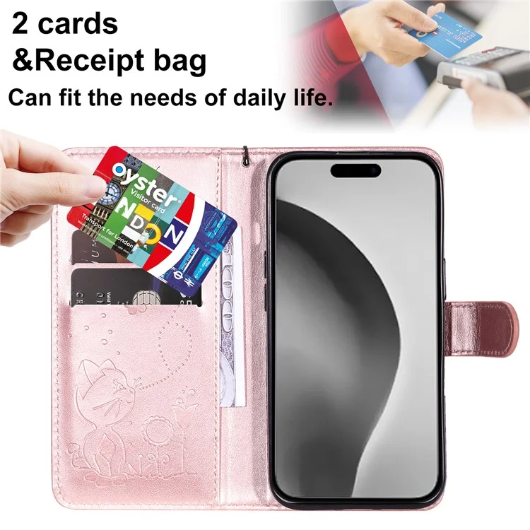 Funda para iPhone 16 Plus de la serie Flower de KT Imprinting - Patrón de gato y abeja, cubierta de cuero, color oro rosa