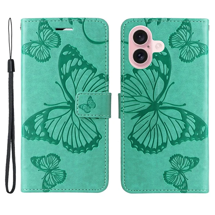 For iPhone 16 Wallet Case Floral Butterfly Imprinted Leather Phone Cover Stand - Green