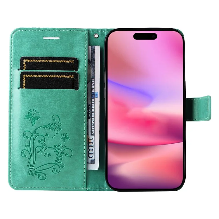For iPhone 16 Wallet Case Floral Butterfly Imprinted Leather Phone Cover Stand - Green