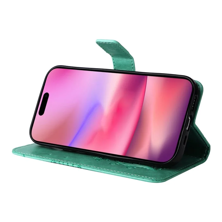 For iPhone 16 Wallet Case Floral Butterfly Imprinted Leather Phone Cover Stand - Green