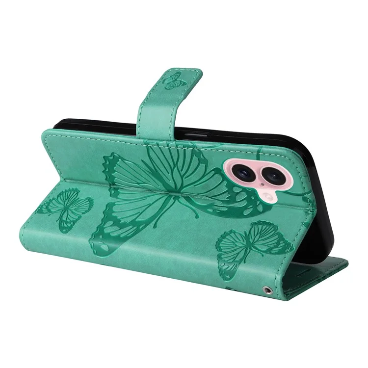 For iPhone 16 Wallet Case Floral Butterfly Imprinted Leather Phone Cover Stand - Green