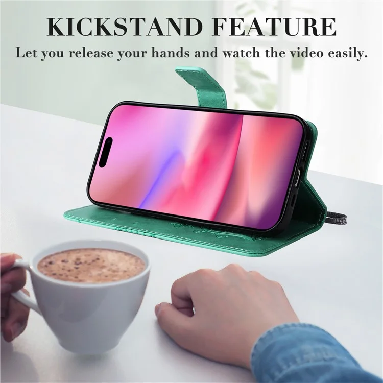For iPhone 16 Wallet Case Floral Butterfly Imprinted Leather Phone Cover Stand - Green