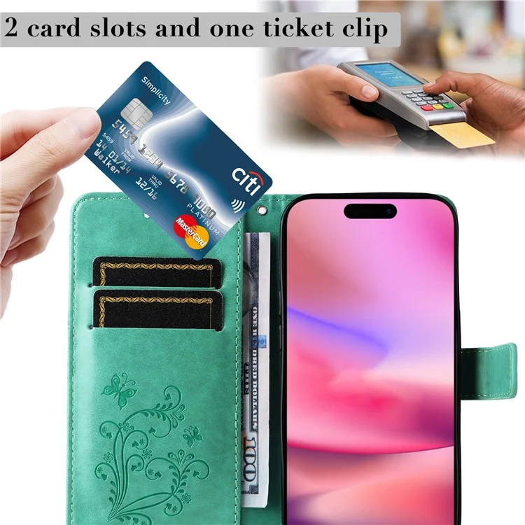 For iPhone 16 Wallet Case Floral Butterfly Imprinted Leather Phone Cover Stand - Green