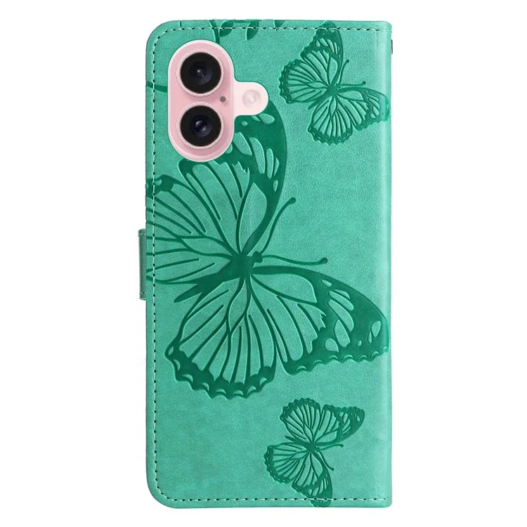 For iPhone 16 Wallet Case Floral Butterfly Imprinted Leather Phone Cover Stand - Green
