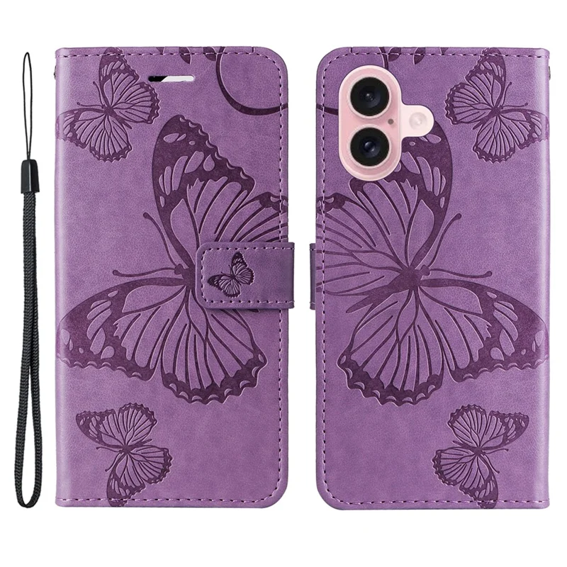 For iPhone 16 Wallet Case Floral Butterfly Imprinted Leather Phone Cover Stand - Light Purple