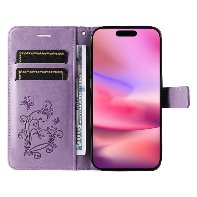 For iPhone 16 Wallet Case Floral Butterfly Imprinted Leather Phone Cover Stand - Light Purple