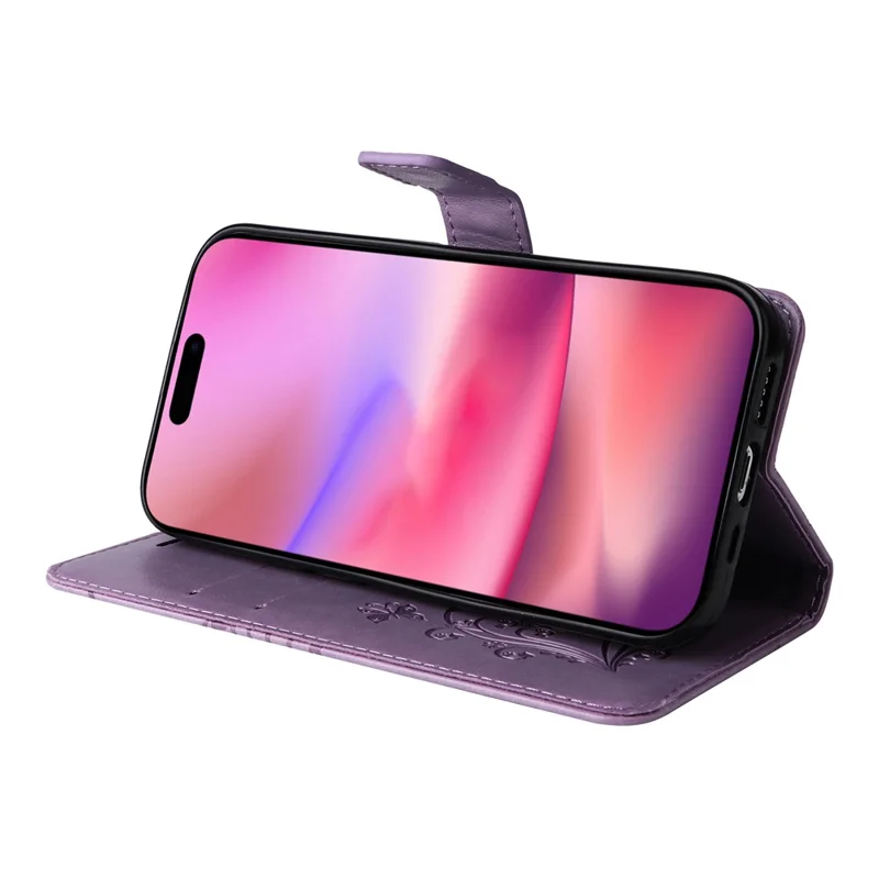 For iPhone 16 Wallet Case Floral Butterfly Imprinted Leather Phone Cover Stand - Light Purple