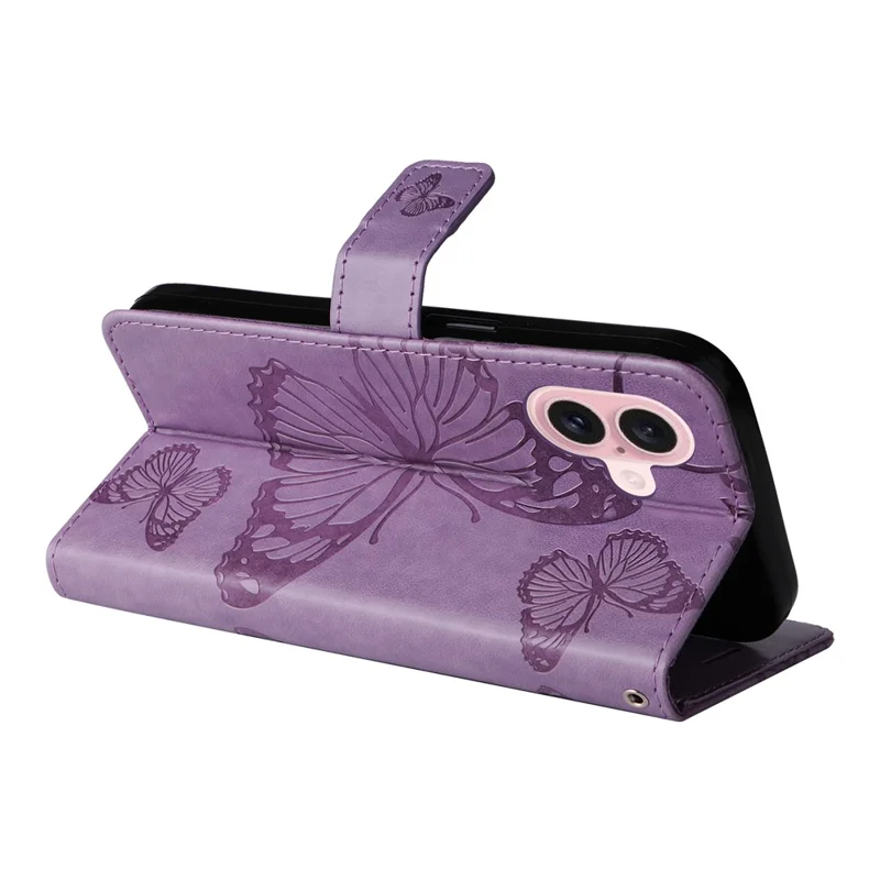 For iPhone 16 Wallet Case Floral Butterfly Imprinted Leather Phone Cover Stand - Light Purple