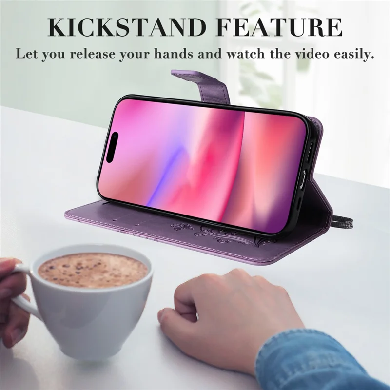 For iPhone 16 Wallet Case Floral Butterfly Imprinted Leather Phone Cover Stand - Light Purple