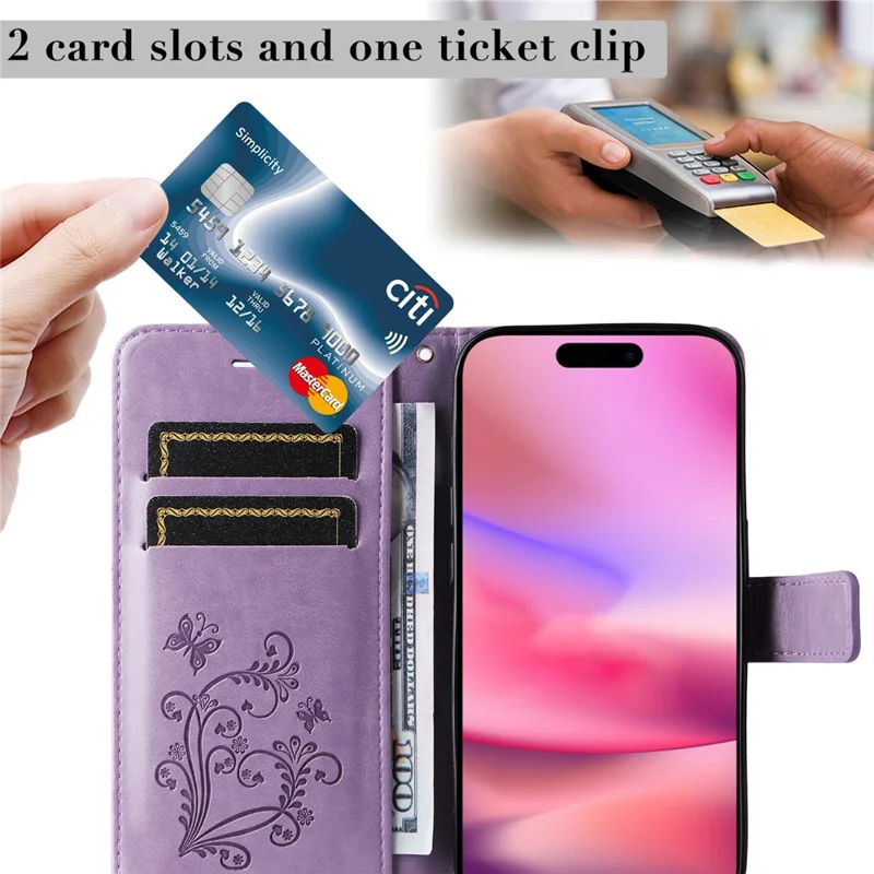 For iPhone 16 Wallet Case Floral Butterfly Imprinted Leather Phone Cover Stand - Light Purple