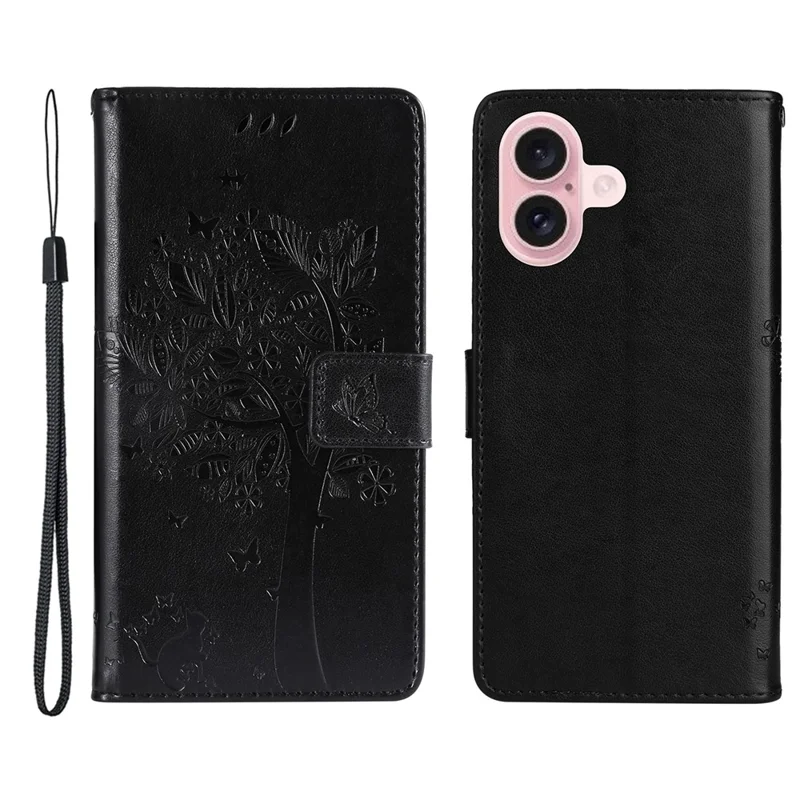 For iPhone 16 Phone Case with Stand Cat Tree Pattern Leather Wallet Mobile Cover - Black
