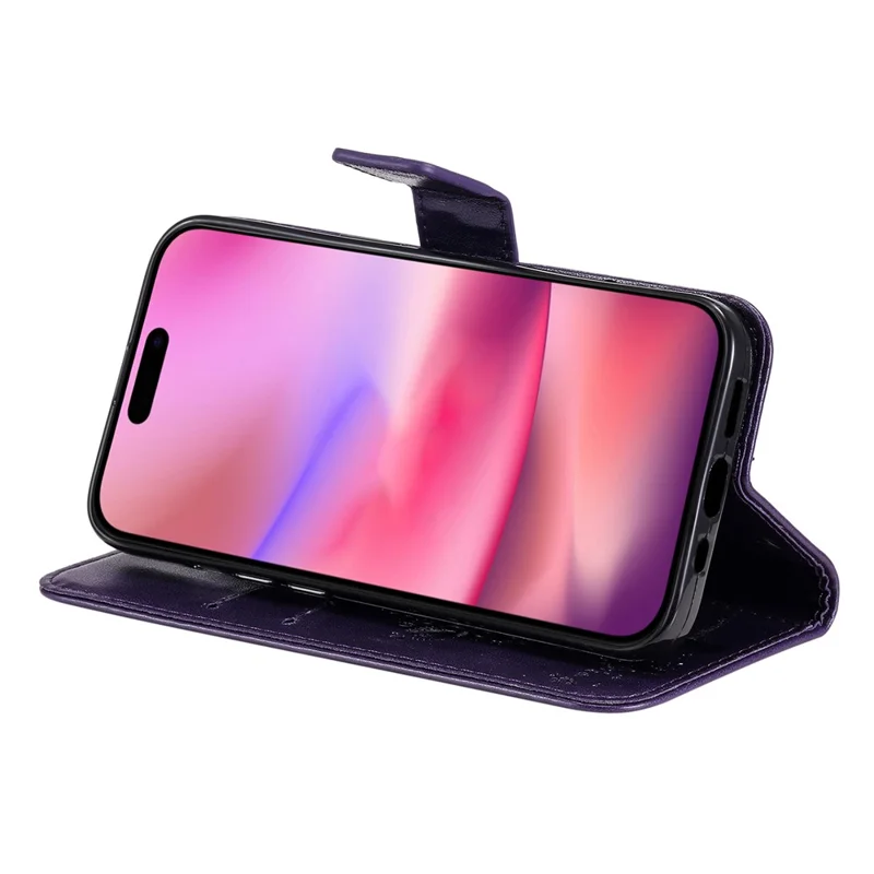 For iPhone 16 Phone Case with Stand Cat Tree Pattern Leather Wallet Mobile Cover - Black