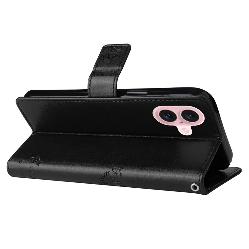 For iPhone 16 Phone Case with Stand Cat Tree Pattern Leather Wallet Mobile Cover - Black