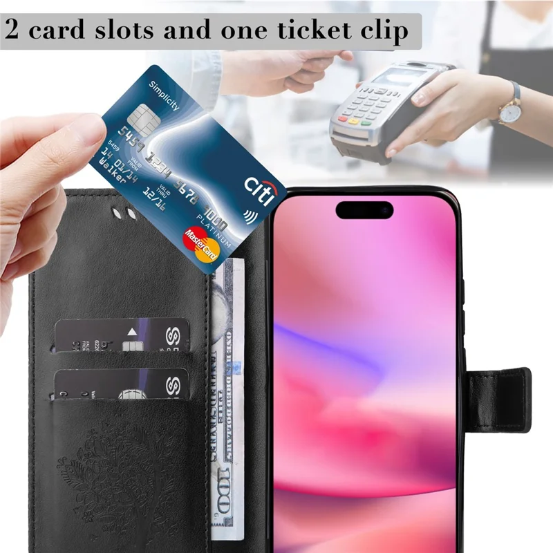 For iPhone 16 Phone Case with Stand Cat Tree Pattern Leather Wallet Mobile Cover - Black