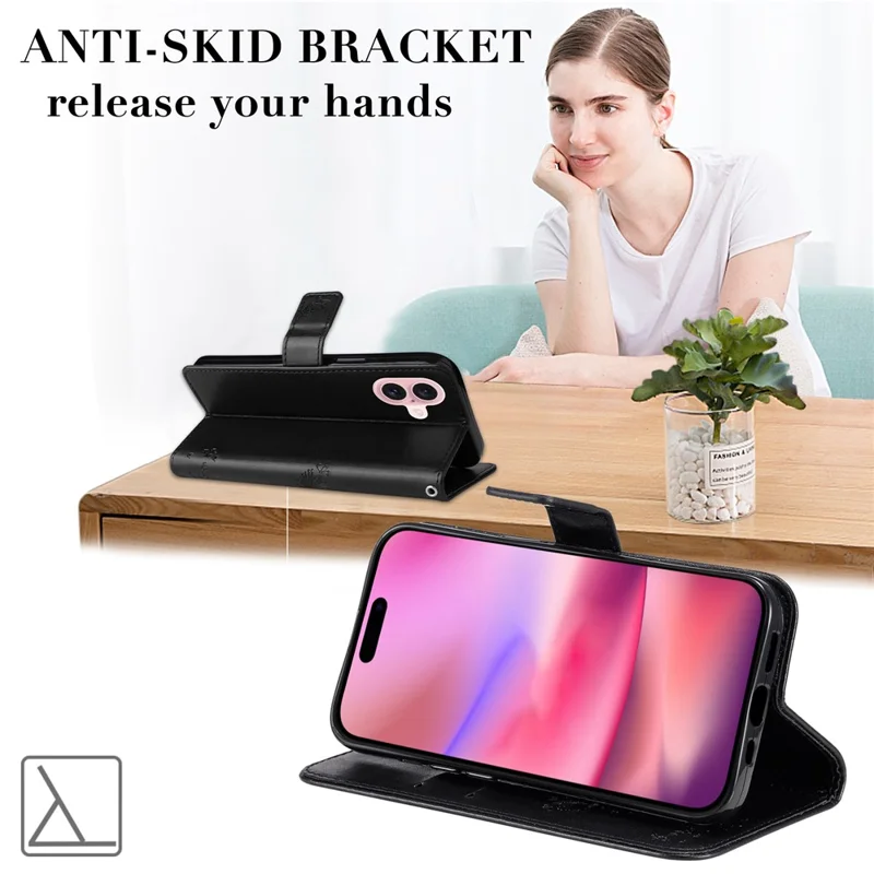 For iPhone 16 Phone Case with Stand Cat Tree Pattern Leather Wallet Mobile Cover - Black