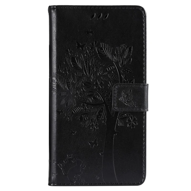 For iPhone 16 Phone Case with Stand Cat Tree Pattern Leather Wallet Mobile Cover - Black