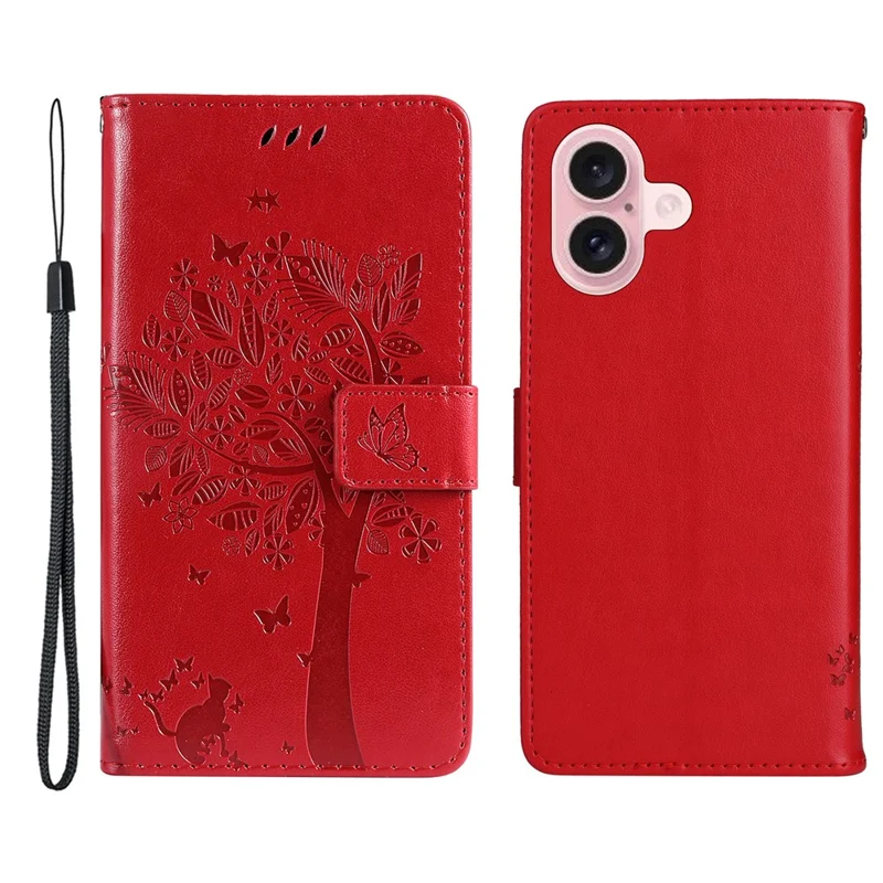 For iPhone 16 Phone Case with Stand Cat Tree Pattern Leather Wallet Mobile Cover - Red