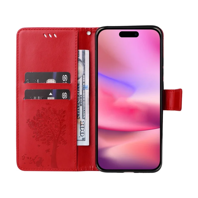 For iPhone 16 Phone Case with Stand Cat Tree Pattern Leather Wallet Mobile Cover - Red