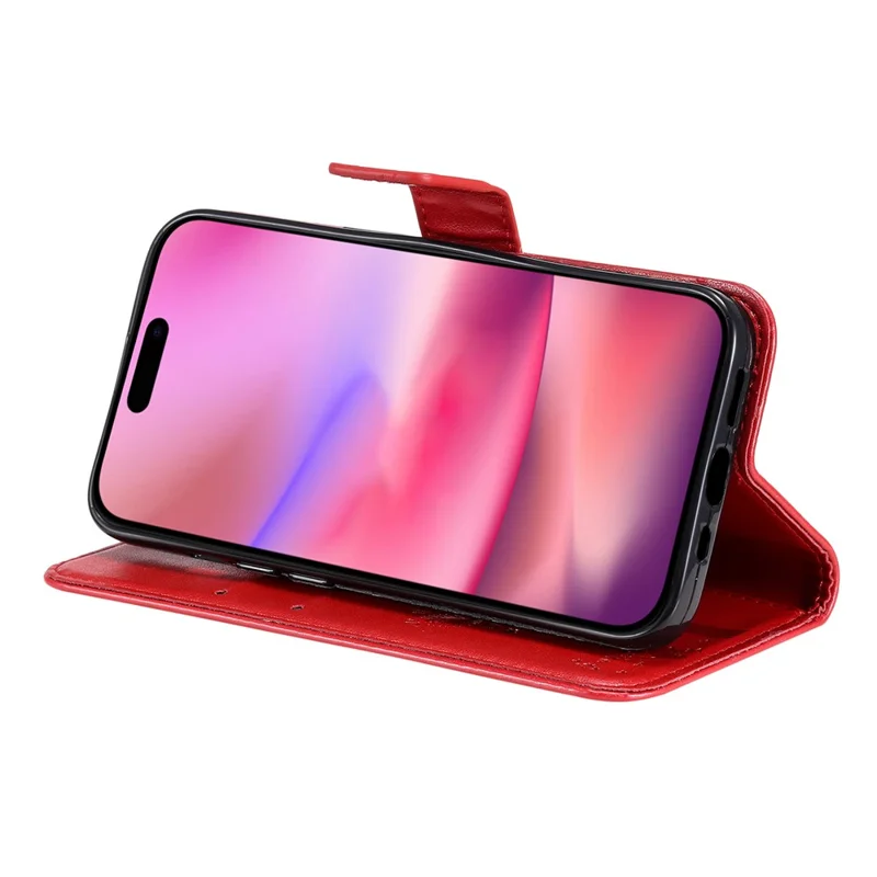 For iPhone 16 Phone Case with Stand Cat Tree Pattern Leather Wallet Mobile Cover - Red
