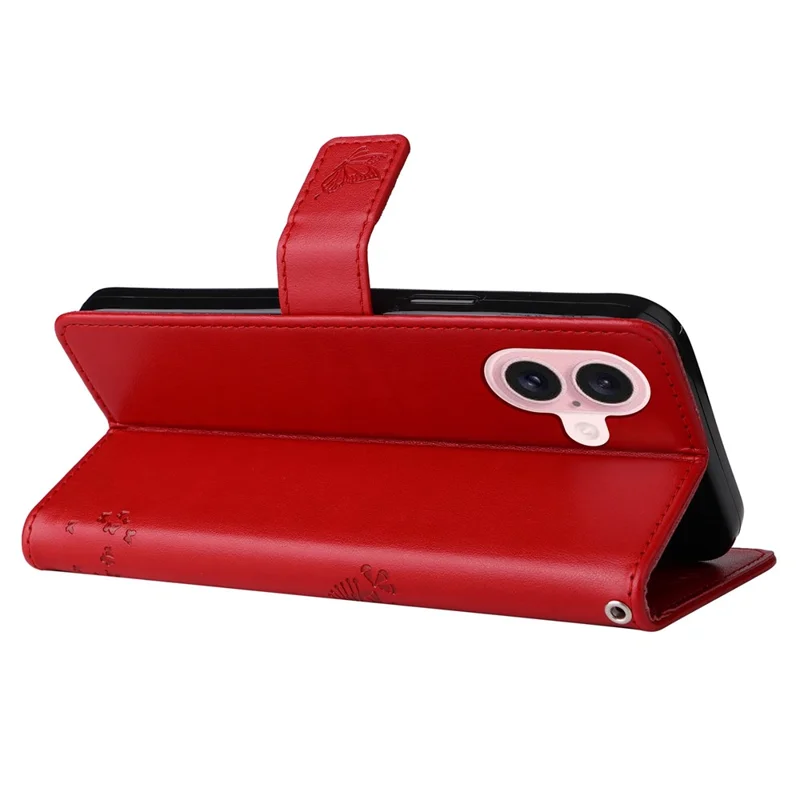 For iPhone 16 Phone Case with Stand Cat Tree Pattern Leather Wallet Mobile Cover - Red