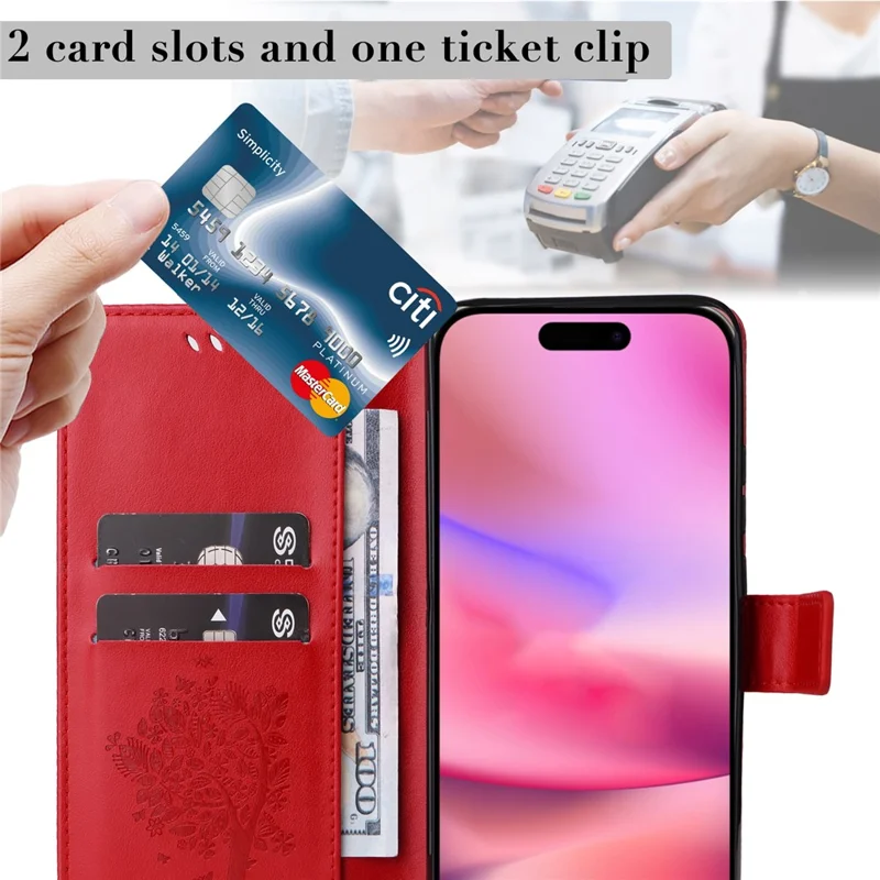 For iPhone 16 Phone Case with Stand Cat Tree Pattern Leather Wallet Mobile Cover - Red