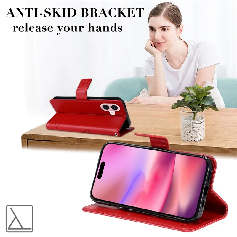 For iPhone 16 Phone Case with Stand Cat Tree Pattern Leather Wallet Mobile Cover - Red