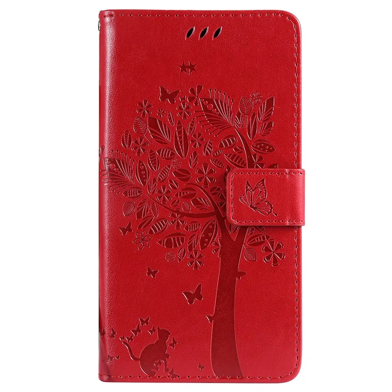 For iPhone 16 Phone Case with Stand Cat Tree Pattern Leather Wallet Mobile Cover - Red