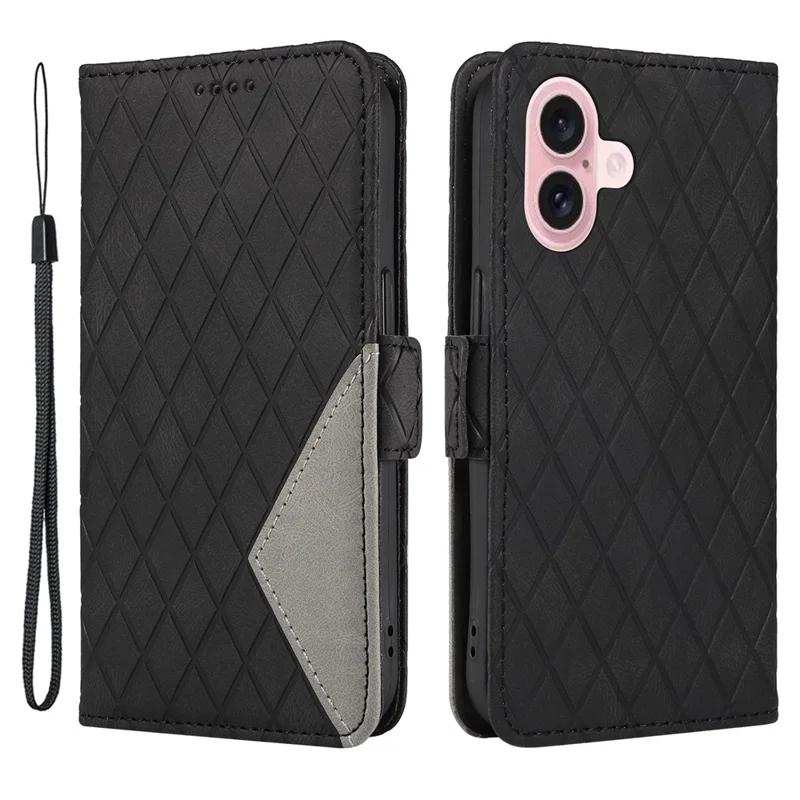 For iPhone 16 Case Folio Leather Phone Cover Rhombus Lattice - Black