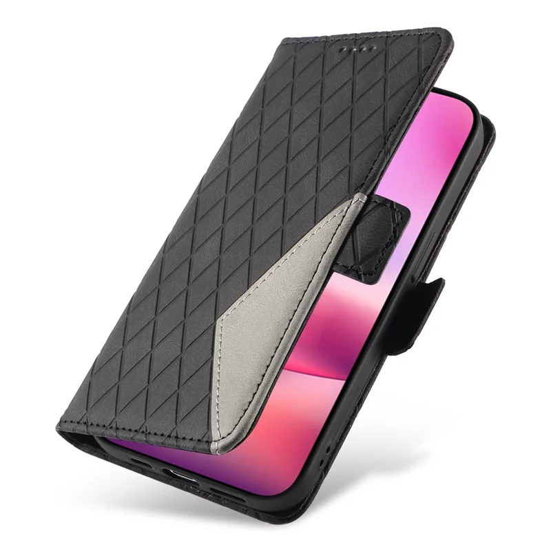 For iPhone 16 Case Folio Leather Phone Cover Rhombus Lattice - Black
