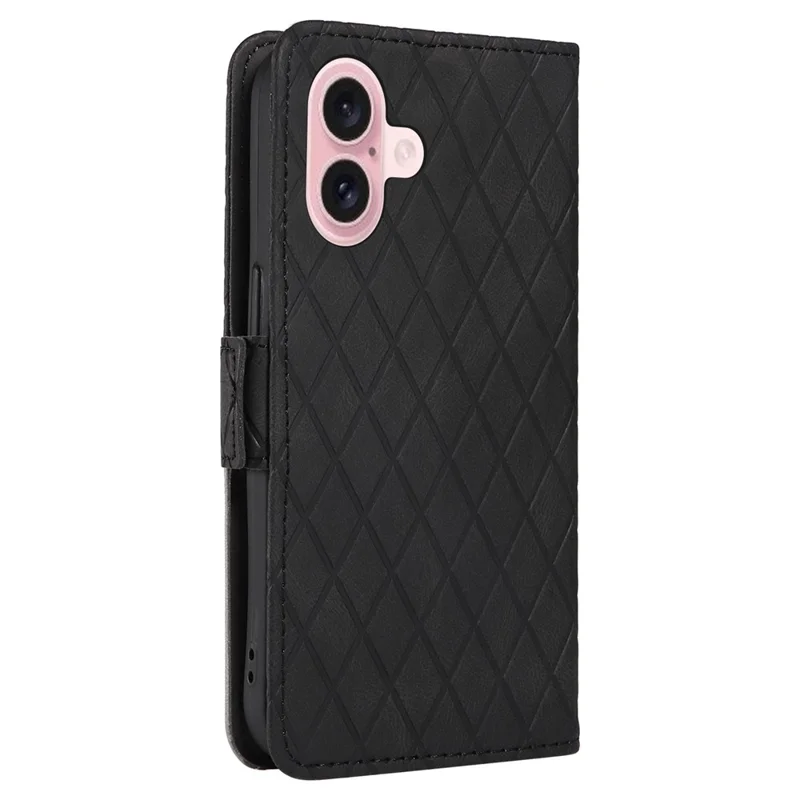 For iPhone 16 Case Folio Leather Phone Cover Rhombus Lattice - Black