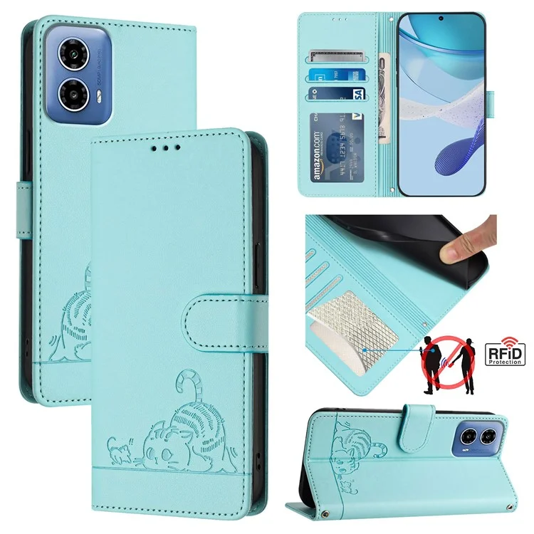 Serie Imprinting YB-9 per Motorola Moto G45 5G / G34 5G Custodia Portafoglio in Pelle Flip Phone Cover con Blocco RFID - Verde Menta
