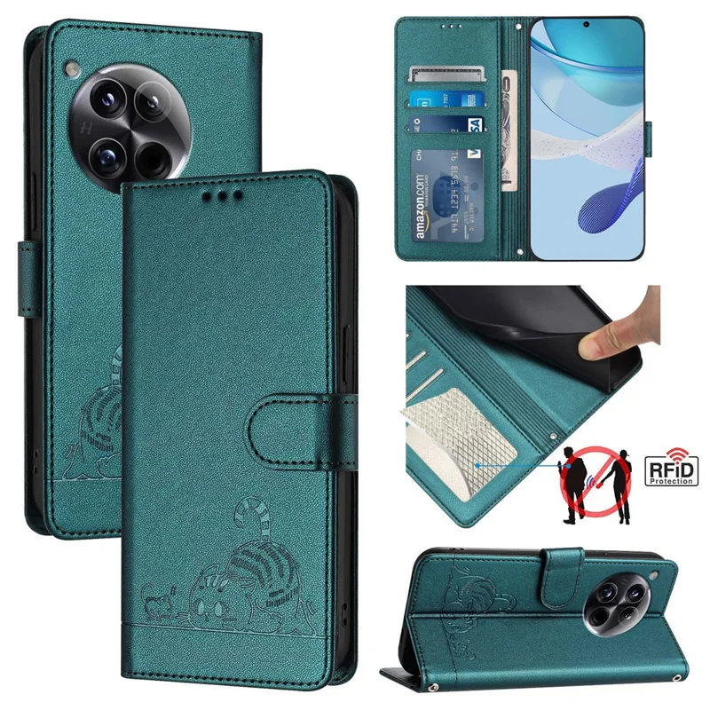 For OnePlus 12 5G Case with Strap RFID Blocking Leather Wallet Phone Cover Cat Mouse Pattern - Dark Green